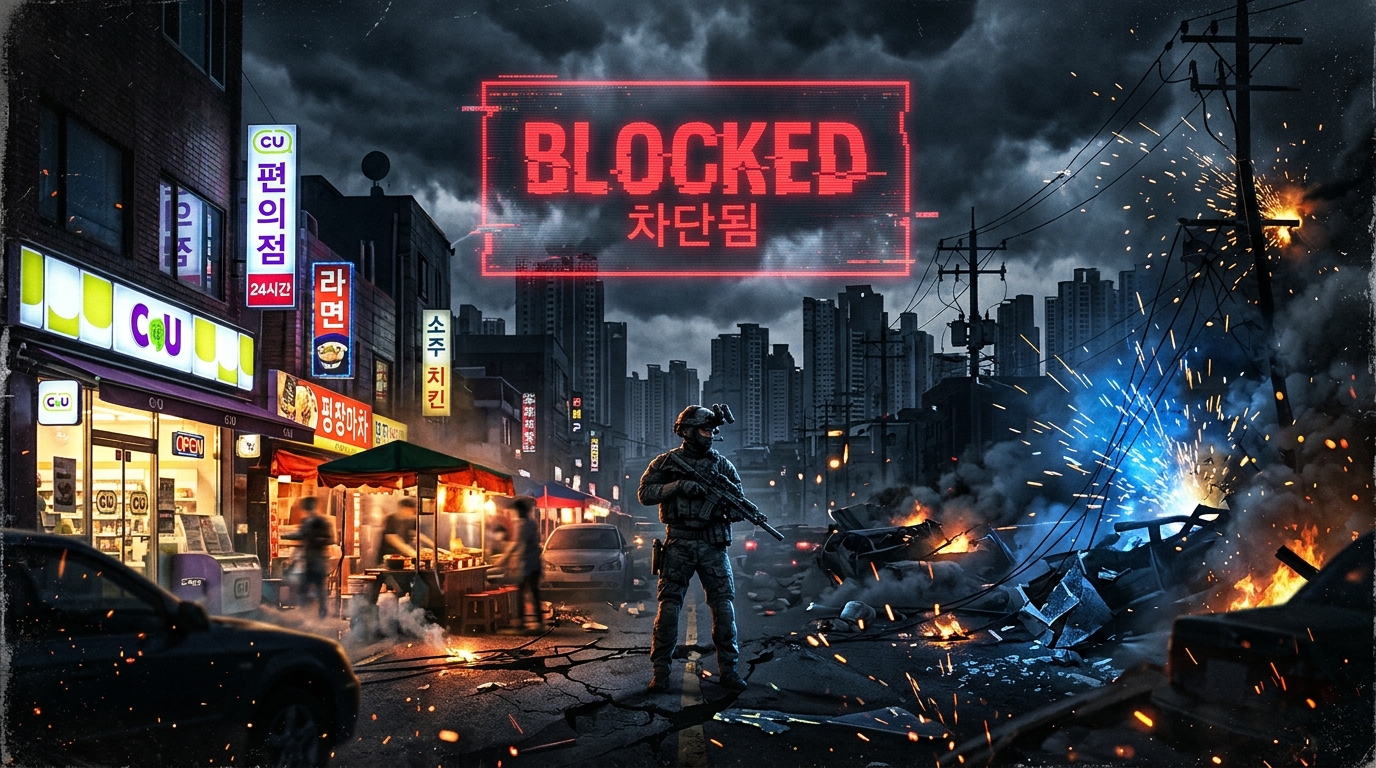 EMP 폭격으로 어둠에 잠긴 한국 편의점 골목과 BLOCKED 경고 홀로그램 일러스트