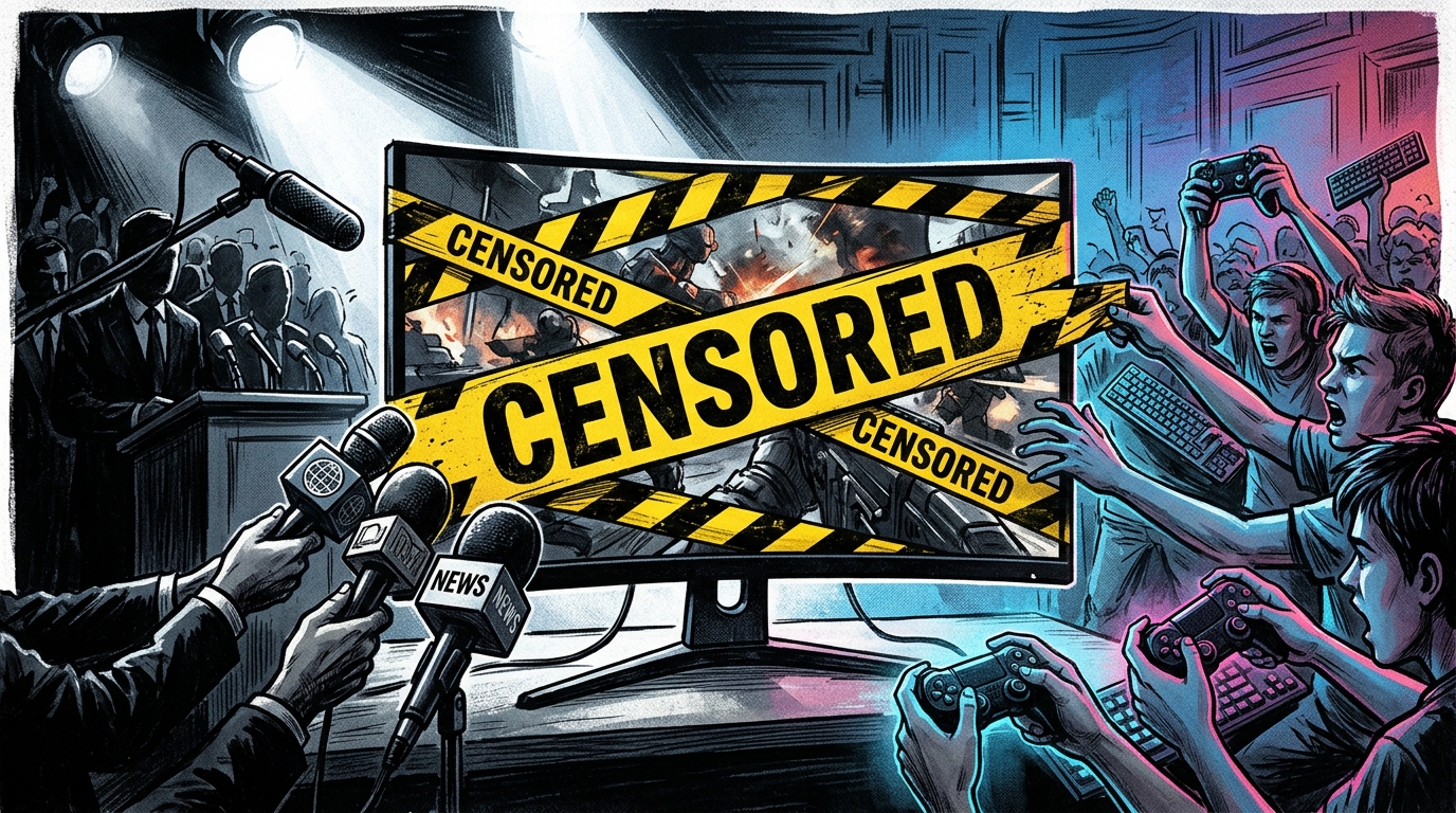 게임 모니터에 둘러싸인 CENSORED 통제선과 정치권 마이크·게이머들의 손길을 묘사한 시사 풍자 일러스트