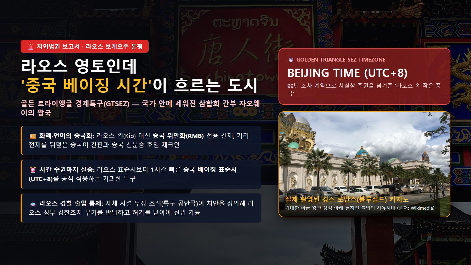 중국어 간판과 위안화, 베이징 표준시가 적용된 라오스 골든 트라이앵글 경제특구 거리와 킹스 로만스 카지노 실사 그래픽