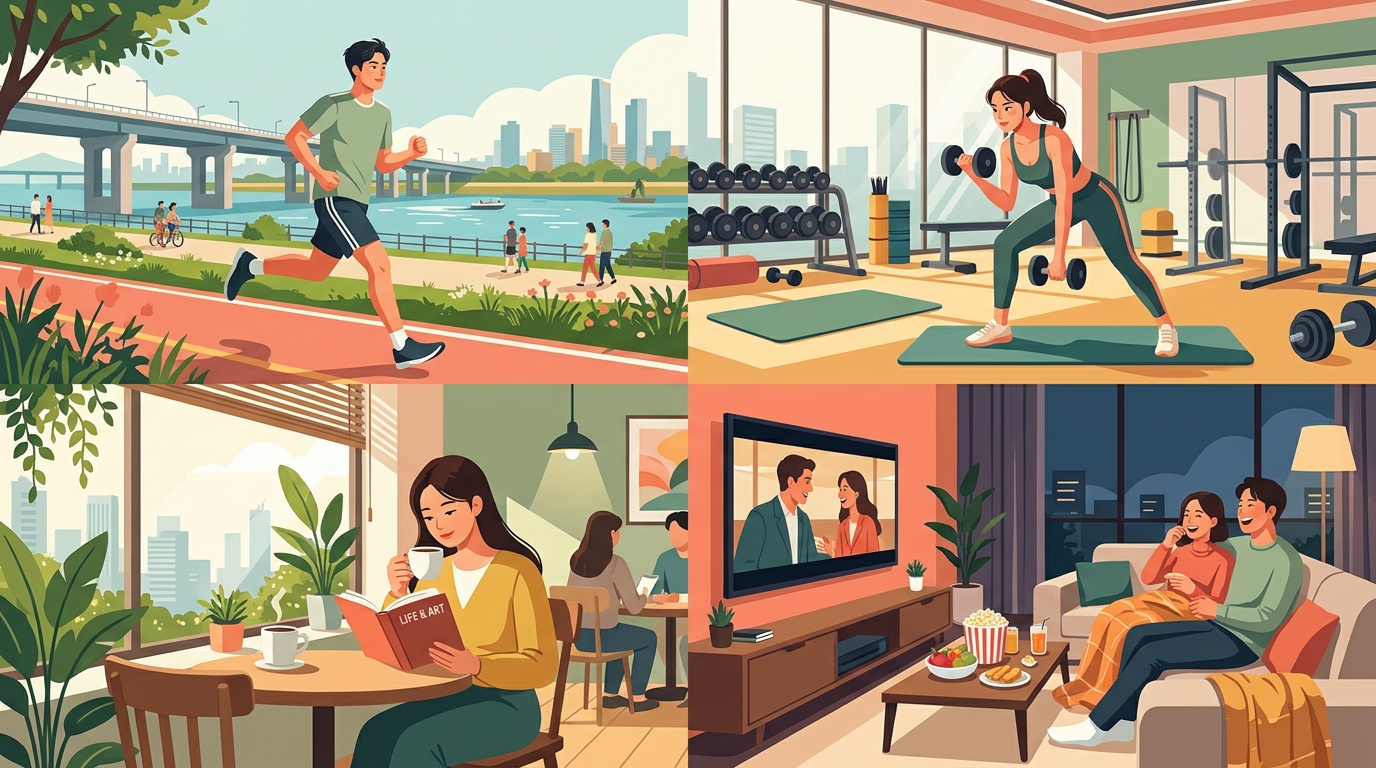 러닝, 운동, 독서, OTT 시청을 즐기는 2030 세대 라이프스타일 일러스트