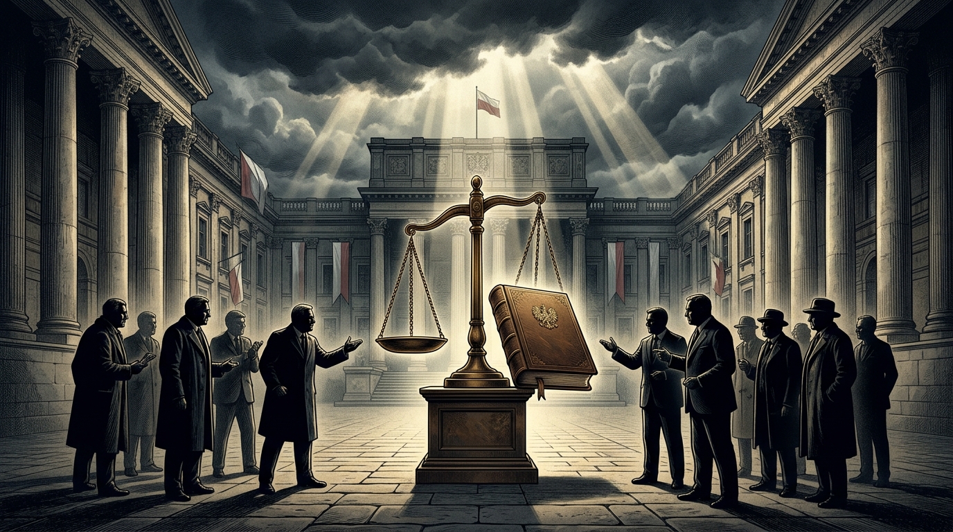 폴란드 바르샤바 사법부 건물 앞 두 정치 세력의 헌법적 대립 구도 일러스트